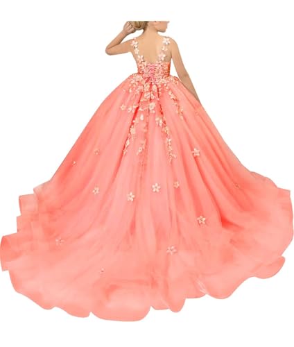 Flower Girl Dresses for Wedding Puffy Tulle 3D Flower Appliques Pageant Dress Birthday Party Ball Gowns for Girls