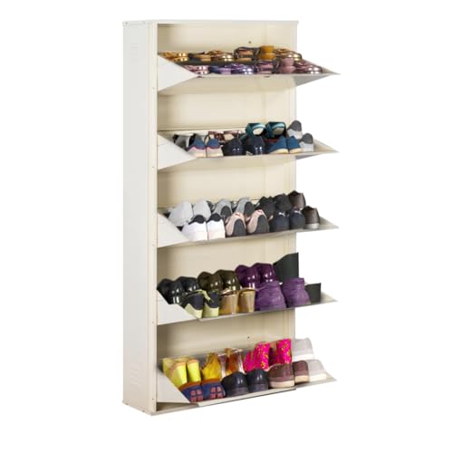 Image of DELITE KOM 29 inch Wide, 10 Shelf Metal Shoe Rack Wall Mounted for Home with Central Lock | Holds Upto 36 Shoes or 60 Slippers Pair | Double Decker, 1Yr Warranty, (67x29x8,Ivory), DIY, Space Saver