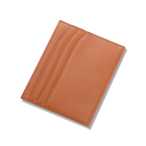 Image of HISCOW Slim Full Grain Leather Card Holder, Cognac | Men's minimalist EDC wallet, front pocket carry, 6 credit card slots & center pocket, fits folded bills, premium gift box