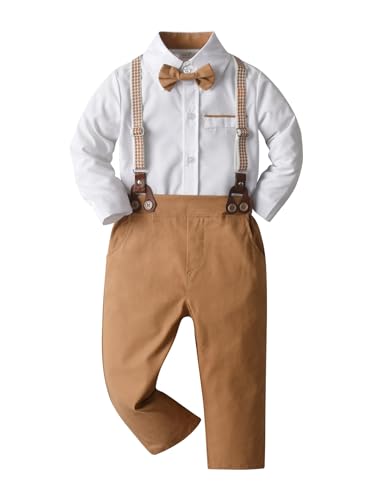Image of Boarnseorl Baby Boys Pants Sets,Toddler Gentleman Outfits, Infant Long Sleeve Shirt + Pants + Bow Tie + Suspenders,5-6Y