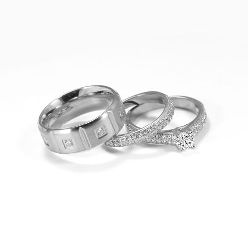Couple Rings Matching Rings White Gold Plated 1CT AAA CZ 2pcs Women Wedding Ring Sets for Him and Her Rings Men Band 6