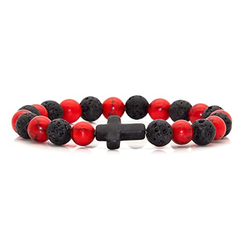 Xusamss Fashion 8mm Lava Rock Essential Oil Diffuser Bracelet Religious Cross Elastic Link Bracelet,7 1/2 Wrist