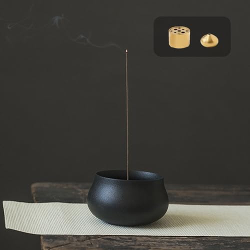 YUKORT お香立て 香炉 線香立て 和風 陶器製 香立て 直径6.8cm 小さめ 小型 シンプル 線香皿 お香立て付 線香たて 線香炉 ミニ寸のお線香 ホルダー ミニ仏壇 仏具 ヨガ 瞑想 リラックス (ブラック)