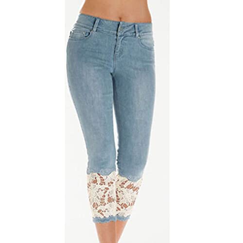 Women's Washed Lace Jeans Capris Pants Casual Summer Low Rise Skinny Denim Leggings with Pockets Capri Legging2