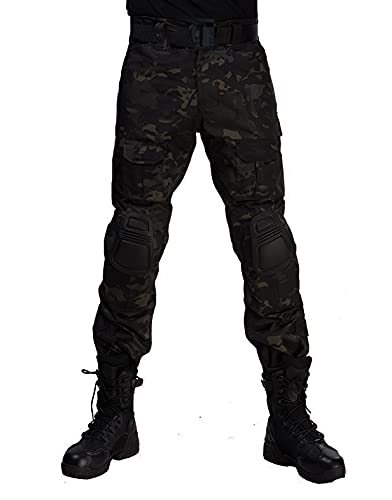 Taktische Kampfhose mit Kniebatten, Ripstop Multi-Tasche Paintball Hose für Outdoor Wandern Jagd, Langlebige Ladung Arbeitshose (DE/NL/SE/PL, Alphanumerisch, XXL, Regular, Regular, Camo Schwarz)