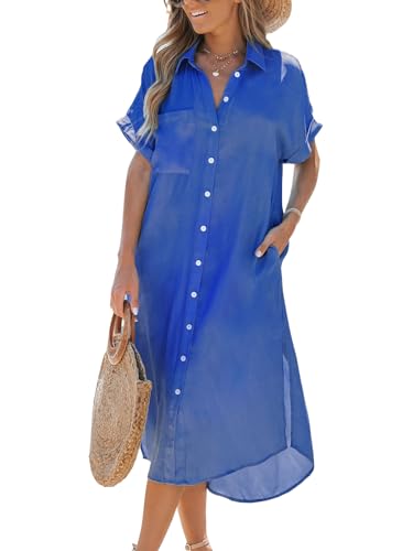 Image of CUPSHE Women Long Summer Dress Bell Sleeve Button Down Dress V Neck Casual Shirt Cover up Dress