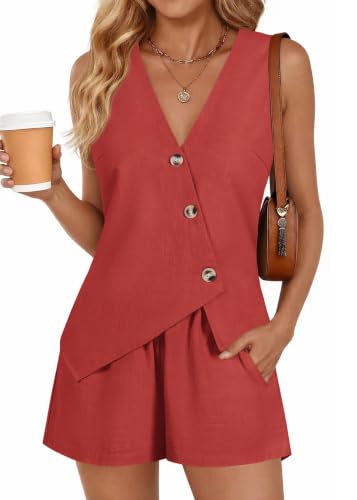 Lazysmile Women's Summer Linen 2 Piece Shorts Sets Casual Matching Outfits