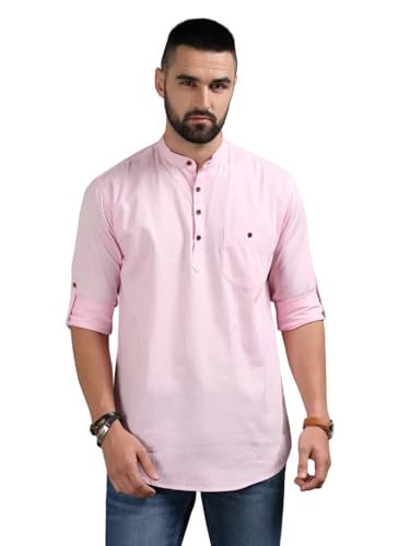 Image of DEEMOON Men's Cotton Blend Full Sleeve Short Kurta with Mandarin Collar Crafted from a Premium Cotton Blend