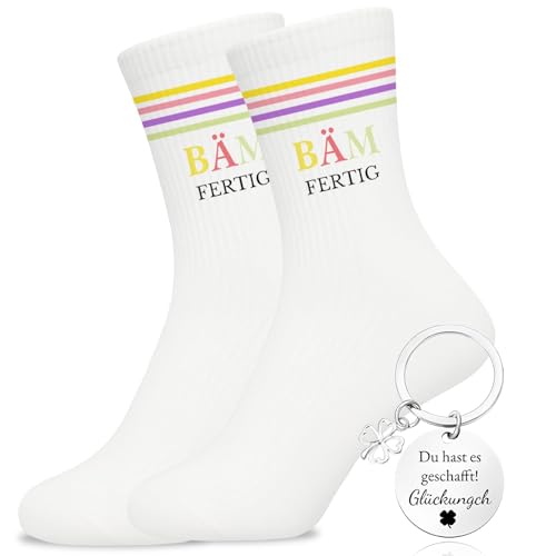 Snyvpra 4 St&uuml;ck Geschenk zur bestandenen Pr&uuml;fung &ndash; Lustige Gl&uuml;ckssocken mit Schl&uuml;sselanh&auml;nger, Pr&uuml;fung Bestanden Geschenk f&uuml;r Sch&uuml;ler Studenten & Ausbildung Bestanden Geschenk Damen Herren