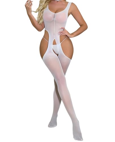 JFAN Ensemble Femmes Lingerie Tenue Dos Nu Une Pièce Découpée Bodysuit Chic et Elegant en Maille sous-vêtements avec Porte Jarretelles et Culotte,Blanc