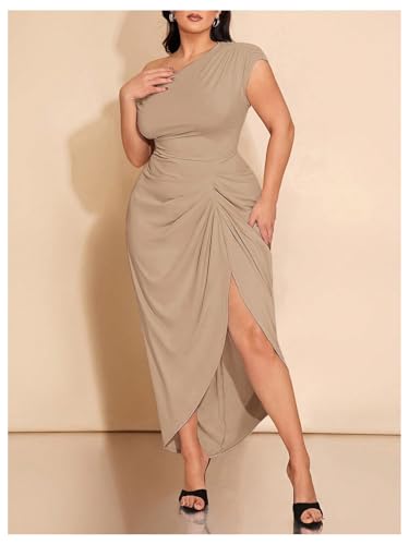 Image of Floerns Women's Plus Size Asymmetrical Neck Long Dress Ruched Slit Hem Cocktail Dress