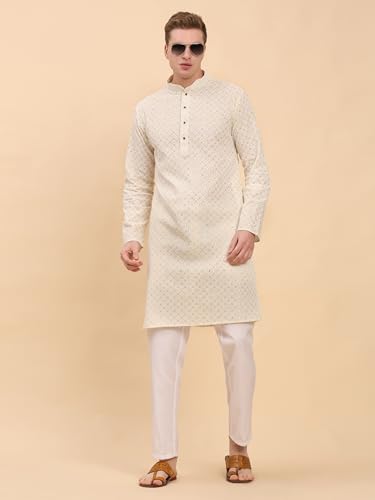Men's Pure Cotton Sequined Embroidred Kurta | Traditional Indian Festive Kurta (A-126)3