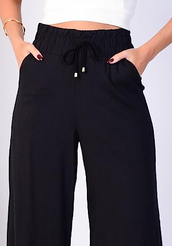 Calça pantalona cós largo de viscolinho (ref 01871) (GG, PRETO)