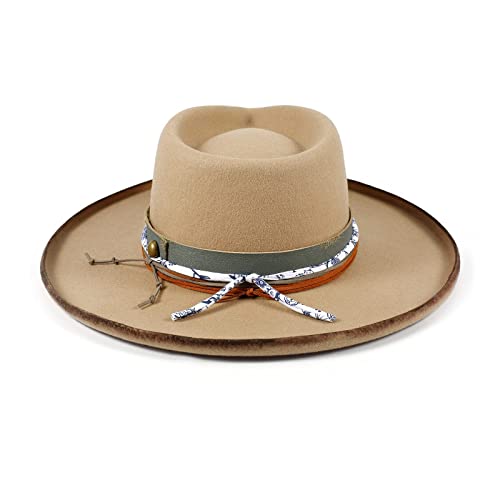 Image of RUEDIGER Vintage Pencil Brim Fedora Hats 100% Wool Felt Hat Panama Rancher Hat with Lightning Logo Handmade Distressed /Burned