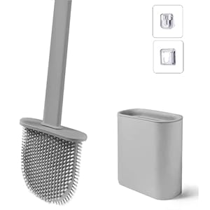 Brosse de Toilette avec Support, Brosse WC Silicone Flexible, Brosse de Toilettes à Séchage Rapide et Récipient pour Salle de Bain avec Support Murale, Grise
