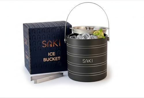 Image of SAKI Stainless Steel Ice Bucket with Tong - 1500 ml | Double Wall Insulation | Premium Ice Bucket for Bar & Home | Gray Color | Ring Design, Medium, 1.5L