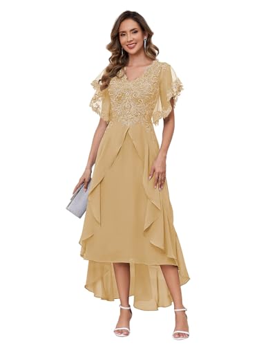 Tea Length Mother of The Bride Dresses for Wedding with Sleeves Lace Chiffon A Line Formal Wedding Guest Dress