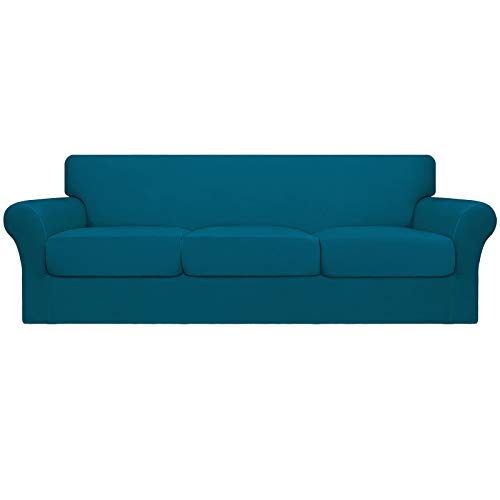 Image of Easy-Going 4 Pieces Oversized Stretch Couch Cover for Dogs Washable | Sectional Sofa Slipcover for 3 Separate Cushion Couch - Elastic Furniture Protector for Pets, Kids Peacock Blue