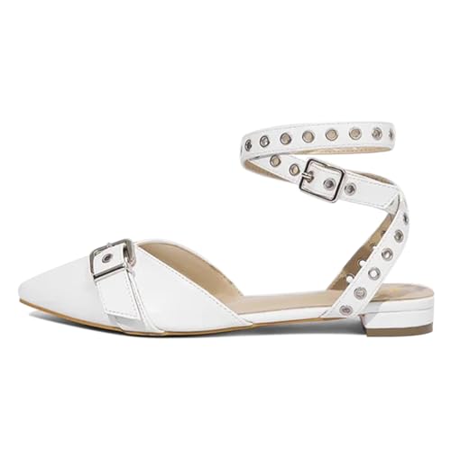 FOWT Women Pointed Toe Buckle Decor Pumps Lace up Strappy Flats Fashion Cool Dressy Daily Outfit Shoes Size 4-16 US