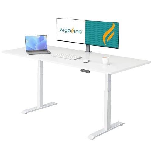 Ergofino Höhenverstellbarer Schreibtisch mit GS-Zertifiziert, 2 Motoren elektrisch Schreibtisch 200x100cm, ergonomischer Bürotisch mit 3 Memory-Funktion, Gestell Weiß inkl. Weiß Tischplatte
