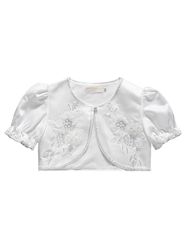 Sywiyi Kids Girls Short Puff Sleeve Bolero Cardigan Shrug One-Button Cropped Jacket Satin Shawl Tops