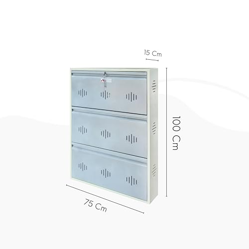 Image of StayHappy Wide Wall-Mounted and Freestanding Metal Shoe Rack Cabinet | Key Lock | Compact Design | Thick Metal Layer for Durability | Powder-Coated Steel | Crafted in Bharat. (Silver, 3 Door)
