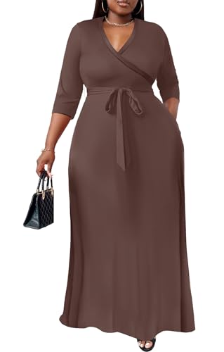 Image of Nmoder Plus Size Maxi Dress for Women - Summer Casual 3 /4 Sleeve Floral Flowy Long Dress with Belt XL- 6XL