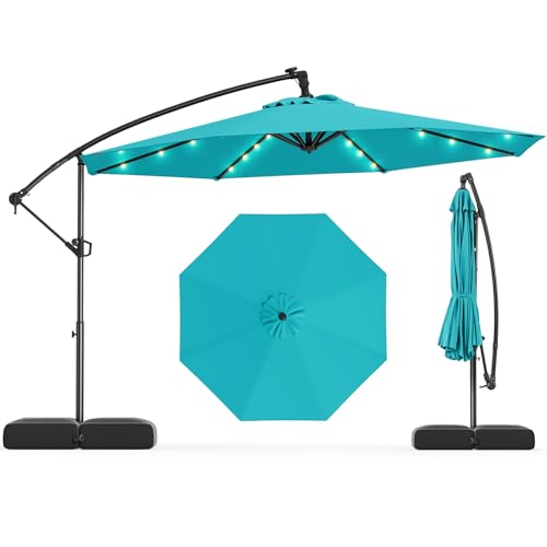 Tangkula 10ft Solar Patio Umbrella with Base Included, Offset Cantilever Outdoor Umbrella with 32 LED Lights, Infinite Tilt, 360 Degree Rotation, Crank Handle for Pool Deck Garden  image 4