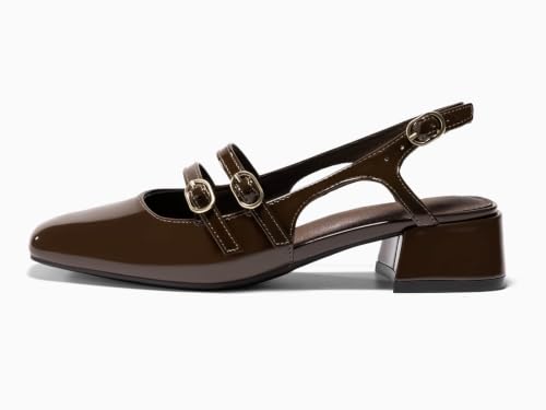 Image of Coutgo Women's Mary Jane Chunky Low Heels Slingback Pumps Closed Square Toe Wedding Dress Shoes