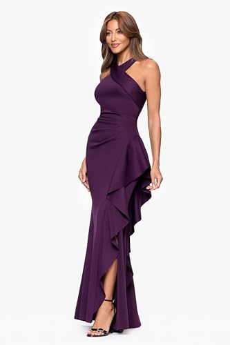 Image of Xscape Evenings Women's Long, Bodycon Low-Sheen Cross Front Halter Neck Evening Dress with Ruching & Ruffle Detail
