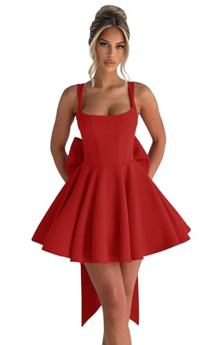 Image of Basgute Satin Short Homecoming Dresses with Bow Corset HOCO Dress A Line Mini Formal Prom Graduation Gown