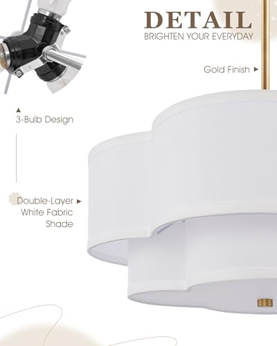 Image of 18 inch Chandelier, 3-Light Gold Pendant Light Fixtures with Dual Layer White Fabric Shade in Quatrefoil Shape, Double Drum Chandeliers for Dining Room Kitchen Living Room Bedroom, AD-22007-3P-GD