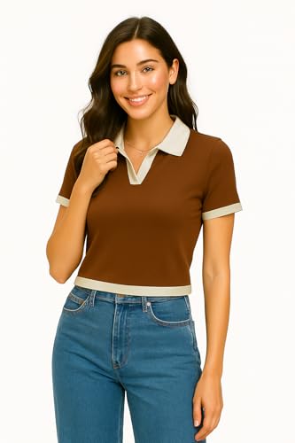 Image of Ribbed Polo Crop Top, Half Sleeve Top for Women, Korean Style Top, Trendy Collar, Stylish Tops for Girls, Fancy Top