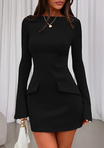 PRETTYGARDEN Womens Fall Long Sleeve Mini Dress 2025 Trendy Boat Neck Bodycon Knit Elegant Short Party Formal Dresses4