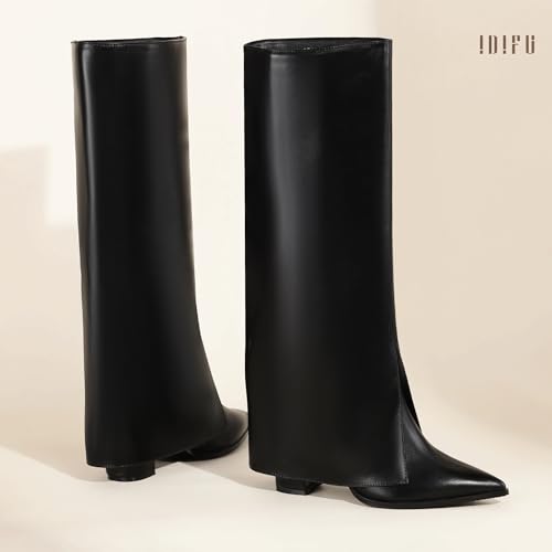 IDIFU Knee High Women Shark Boots Fold Over Tall High Chunky Heel Boots Pointed Toe Block Heeled Booties for Women Zip Up Dress Long Comfortable Cute Fashion Dressy Sexy Trendy Heel Booties Boots4