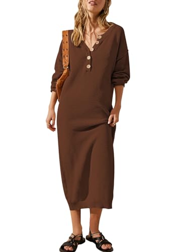Image of Cutiefox Women's Fall Winter Sweater Long Dress Button V Neck Batwing Long Sleeve Oversized Waffle Knit Dresses