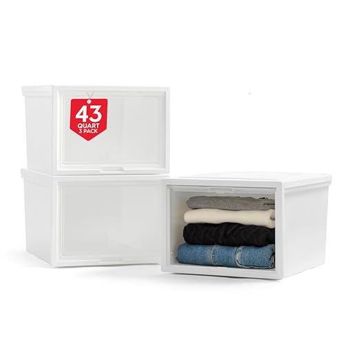 IRIS USA 42 Qt. Plastic Drawer Storage Organizer Stacking Drawers, 3-Pack, Stackable Unit with Flip-Up Door for Clothes Bedroom Kitchen Under Sink Pantry Craft Room Bathroom Dorm Office, White