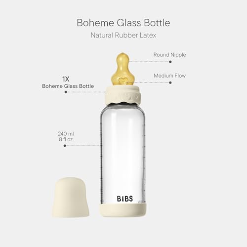 Image of BIBS Boheme Glass Baby Bottle, 240 ml, 1-Pack, Natural Rubber Nipple, Ivory
