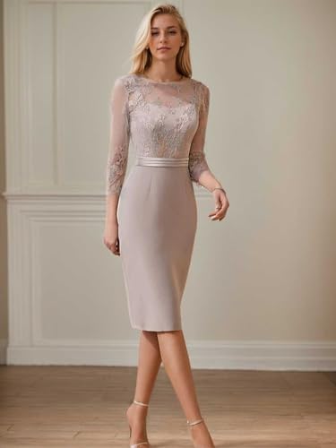Two Piece Sheath Elegant Wedding Guest Dress Jewel Neck Tea Length Stretch 3/4 Length Sleeve Appliques 20253