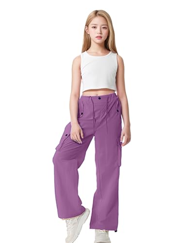 Image of HENGAO Girls Cargo Pants Parachute Casual Jogger Y2K 5-14 Years | Kids Baggy pants Parachute, Drawstring, with Pockets, Elastic High Waist, Loose Trousers Streetwear