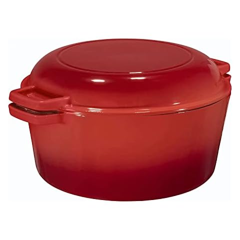 2 in 1 Enameled Cast Iron Double Dutch Oven & Skillet Lid, 5-Quart, Fire Red - Induction, Electric, Gas & In Oven Compatible Cover