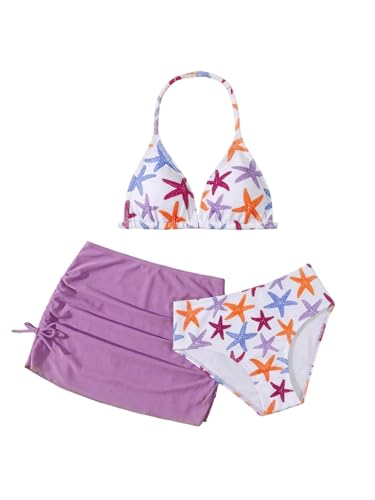 Image of RoseSeek Girl's 3 Piece Cute Bowknot Bathing Suit Halter Triangle High Waisted Swimsuit with Beach Cover Up Skirt