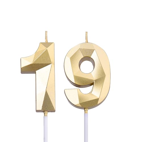 2 inch Gold 19 & 91 Birthday Candles, 3D Diamond Number 19th & 91st Cake Topper for Men Women Birthday Party Decorations Theme Party