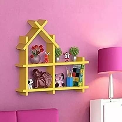 Home wood Hut Shaped Shelves Wood Carver Lodge House Shaped Shelfs Wall Mounted Wooden Shelve Hut Display/Storage Unit Kids Room Shelf (Yellow)