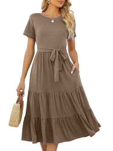 Image of Lyrur Women's Dresses Casual Summer Tiered Midi Dress Short Sleeve Belted Ruffle Babydoll Boho Sundress with Pockets