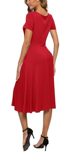 Image of EXCHIC Women's Casual Round Neck Short Sleeve Midi Dress Solid Stretchy Waist Knee Long Dress