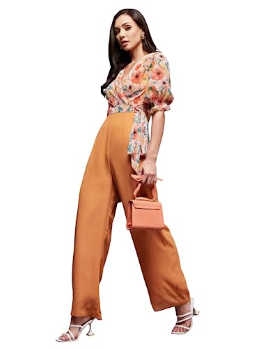 Image of Miss Chase Women's V-Neck Half Sleeve Tropical Wrap-Styled Jumpsuit