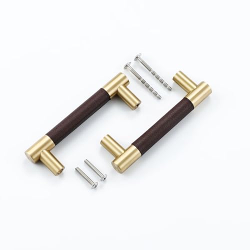 Linkaa Brown Leather and Brass Gold Drawer Pulls Cabinet Handles,10 Pack