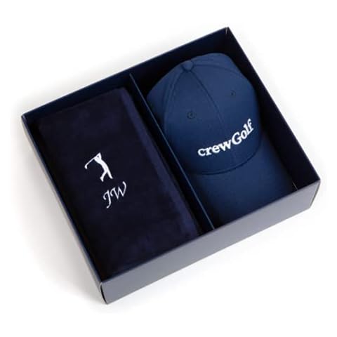 CrewGolf Personalised Golf Gift Box Set with Embroidered Towel (Any Name) and Golf Cap for Dad, Grandad, Mum, Grandma, Friend, Birthday, Christmas (Navy Blue) Cover