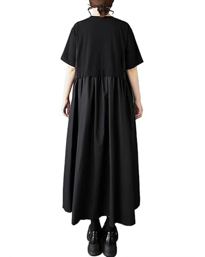 ellazhu Women's Dress Crewneck Short Sleeve A-line Solid Color Patchwork with Pocket GZ4913